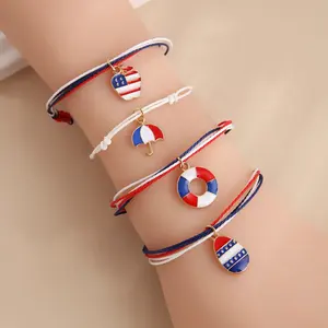 American Flag Bracelet Zinc Alloy Enamel USA Flag Boots Hats Flag Charms Bracelet Braided Rope Bracelet