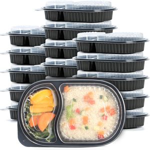 21oz/600ml Disposable To Go Containers with Airtight Lids Plastic Microwavable Freeze 2 Compartment Take Out Food Containers