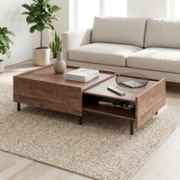 Table basse en forme de L, placage en noyer, compartiment ouvert, pieds industriels, meubles de salon minimalistes