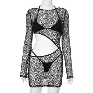 New Fashion Summer <strong>Women's</strong> Three Piece Set Sexy Hollow Out Lace-up Bra Top <strong>Shorts</strong> <strong>Suit</strong> <strong>Women</strong> Fashion Knitting Bikini Set - Product Image 6