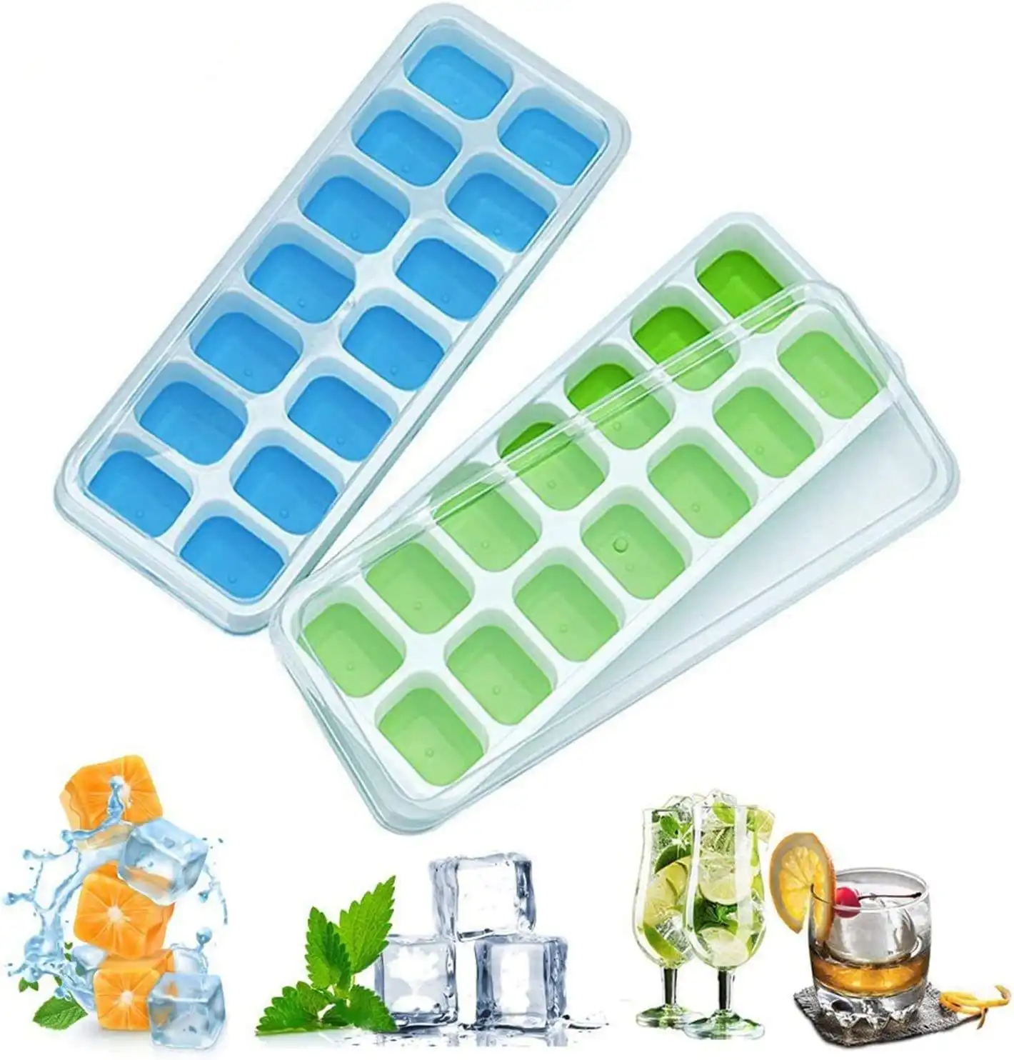 Custom 14 Ice Tray Stackable Durable Ice Cube Tray Silicone Ice Cube Molds With Lid