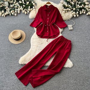 Conjuntos Casuales de 2 Piezas para <span class=keywords><strong>Mujer</strong></span>, Camisa de Manga 3/4 con Cuello y Cordón en la Cintura, Pantalones Anchos con Cintura Elástica, Conjuntos de Primavera/Verano - Product Image 3