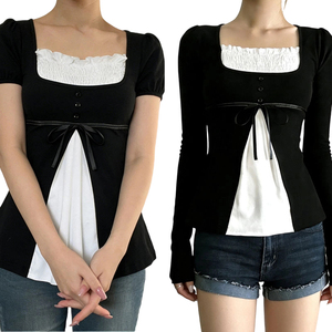 T-shirt en tricot pour femme, col carré, blocs de couleur noir et blanc, boutons sur le devant, coupe ample, grande taille - Product Image 1