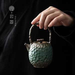 Teapot <b>Ceramic</b> Bluestone Glaze Hammered Pattern With Lid Filter Kung Fu <b>Tea</b> <b>Pot</b> Round Shape Household Use - Product Image 4