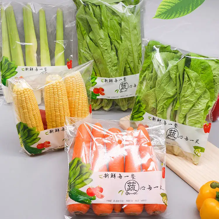 Bolsa de embalaje de vegetales para supermercado, bolsa de mantenimiento fresco, OPP transparente, autoadhesiva con agujero