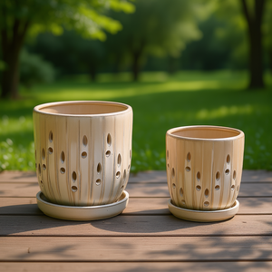 Ensemble de 2 pots de fleurs ronds en céramique Mdj, couleur beige, avec trou de drainage, pour une utilisation en intérieur, en extérieur, à la maison ou au jardin - Product Image 2