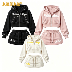 Abbigliamento Vintage Autunnale per Donne, Felpa con Zip e Pantaloncini in Spugna Francese con Logo Personalizzato e Strass, Tuta da Donna in 2 Pezzi - Product Image 2
