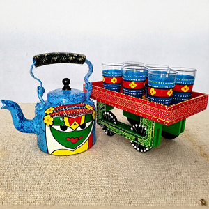 Ensemble bouilloire et verres en aluminium classique écologique peint à la main (1 bouilloire + 6 verres + chariot) – Coffret cadeau décoratif - Product Image 1