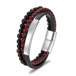 Natural Volcanic Rock Men's Leather <b>Rope</b> <b>Bracelet</b> Multi-layer Leather Woven <b>Bracelet</b> Steel Magnetic Snap Carrying Strap - Product Image 1