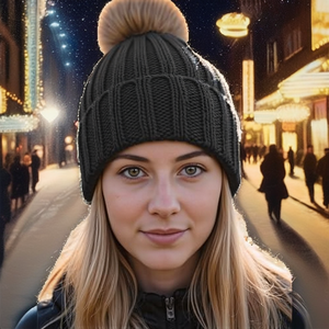 Bonnet en tricot noir pour femme avec pompon, chapeau d'hiver uni, décontracté, pour l'extérieur, fait main en acrylique - Product Image 2