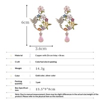Boucles d'oreilles pendantes rétro en émail floral et oiseaux, style chinois, serties de diamants, en cuivre électroplaqué pour femmes - Ornements d'oreille vintage
