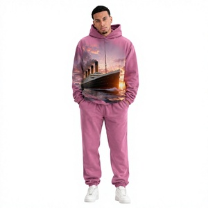 Men <b>Pink</b> Hooded Tracksuit Full Length Regular Fit Solid Casual Streetwear Breathable 100% Cotton Lightweight <b>Sweatshirt</b> Side - Product Image 1