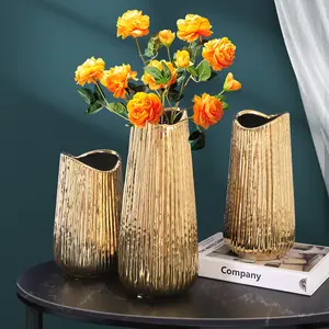 Винтажная легкая Роскошная позолоченная керамическая ваза, полосатая Цветочная композиция, керамическая Цветочная ваза для внутреннего свадебного стола, декоративная