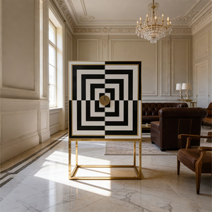 Mobile Buffet per Vini di Design Moderno con Porte in Vetro Dipinto e Base in Acciaio Inox Dorato per Hotel e Casa - Product Image 1