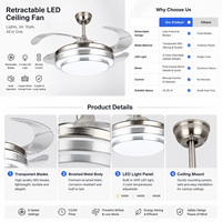 Kipas Angin Plafon LED DC Motor Retractable Modern 42 Inch dengan Lampu, Baling-Baling Transparan, Finishing Nikel Brushed untuk Villa, Ruang Tamu, Kamar Tidur