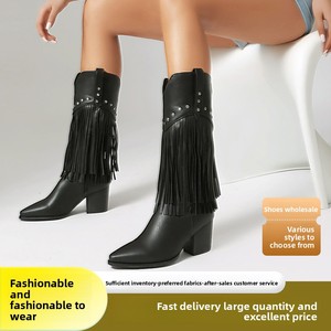 Nouvelles Bottes en Cuir à Pompons pour Femme 2025, Noires et Marron, à Bout Carré, Montantes, Rehaussantes, Chaudes pour l'Automne et l'Hiver - Product Image 2