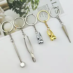 Thời trang kim loại ấn tượng Khay nha sĩ Quà Tặng Keyring Hợp Kim Bạc phòng khám Nha khoa kẹp gương tay khoan mini công cụ Keychain