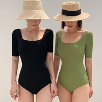 Mode Style coréen une pièce à manches courtes maillot de bain en gros femmes taille haute col carré maillots de bain solide Bikini pour dames