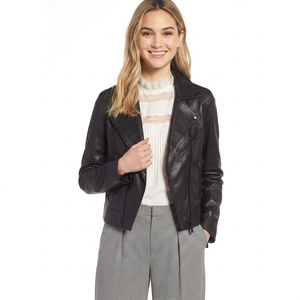 Chaqueta original acolchada de piel de oveja auténtica para mujer, ultra suave y ecológica, chaqueta de cuero genuino estilo motociclista asimétrica para mujer - Product Image 1