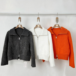 Cardigan en tricot de haute qualité pour femme, avec revers, <span class=keywords><strong>double</strong></span> <span class=keywords><strong>fermeture</strong></span> <span class=keywords><strong>éclair</strong></span>, manches longues, coupe ample et courte, veste décontractée - Product Image 2