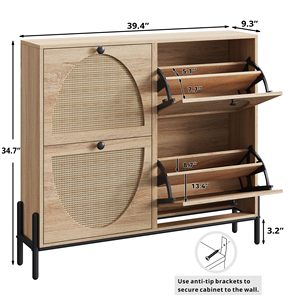 AJUNION Freestanding <strong>Shoe</strong> <strong>Storage</strong> Organizer Cabinet <strong>Rattan</strong> Wood <strong>Shoe</strong> Rack Cabinet <strong>Storage</strong> with 4 Flip Drawers - Product Image 5