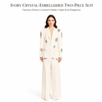 Ensemble de costume blazer Off-White avec appliques en cristal pour femme, revers pointus argentés, pantalon large, pour mariage et occasions formelles, usine OEM ODM