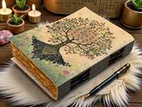 Carnet en cuir fait main Arbre de Vie, Grimoire païen, Livre des Ombres, reliure agrafée, cadeau aquarelle, couverture rigide