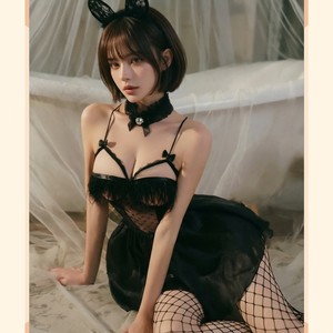 Sexy and alluring catwoman cosplay lingerie set with flowing feathers, no need to remove. (8097) - Product Image 1