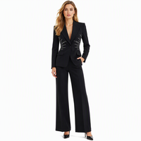 Ensemble Tailleur Femme 2 Pièces Haut de Gamme Élégant Hiver : Blazer Perlé Boutonné Col V Manches Longues et Pantalon Droit