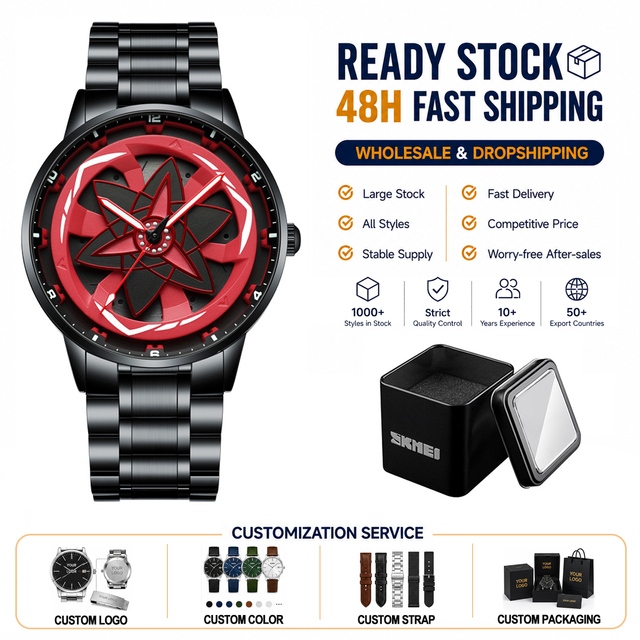 OEM Hot Trend Hollow Out Spinning Car Wheel Quartz Watches for Man Japanese MIYOTA Movement Steel Watch