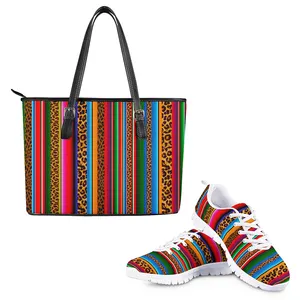 Groothandel Custom Purse En Schoen Sets 2 Stuks Handtassen Voor Vrouwen Rainbow Leopard Rose Patroon Print Sneakers En Bijpassende Tas set