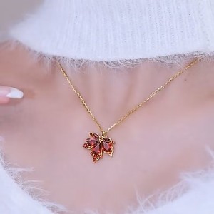 Red Maple Leaf Necklace Stainless Steel Clavicle Chain Autumn Winter Style Inlaid Pendant For Women - Product Image 2