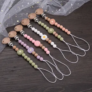 Nouvelles perles de Silicone de qualité alimentaire naturel mignon petite <span class=keywords><strong>marguerite</strong></span> perle sucette Clips porte-sucette chaîne - Product Image 1