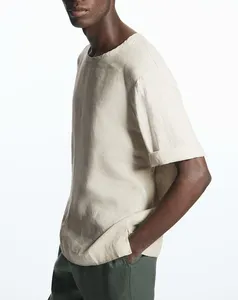 Grosir Produsen Pakaian Rami Kustom Kaus Setengah Lengan Santai Fit 100% Kain Rami Organik Kaus Katun untuk Pria