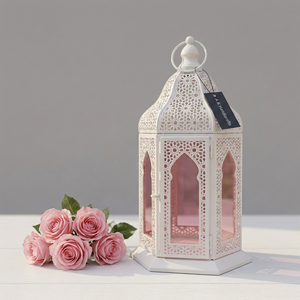 Manufacturers Popular White Metal Moroccan <b>Candle</b> <b>Lantern</b> with Rose Gold Glass for Ramadan and Weddings - Product Image 1
