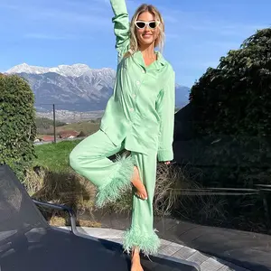Yeşil uzun kollu pijama elbise pamuk malzeme tüy lüks pijama kadın