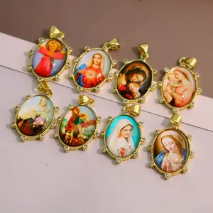 CZ8711镀金锆石铺砌瓜达卢佩圣母项链圣母玛利亚宗教天主教玻璃嵌框艺术吊坠