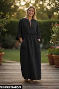 Black <b>Kaftan</b> Maxi Dress Womens Regular Fit Linen/Cotton Knitted A-Line Summer <b>Beach</b> Cover Long Flowing Resort Vacation Wear B2B - Product Image 3