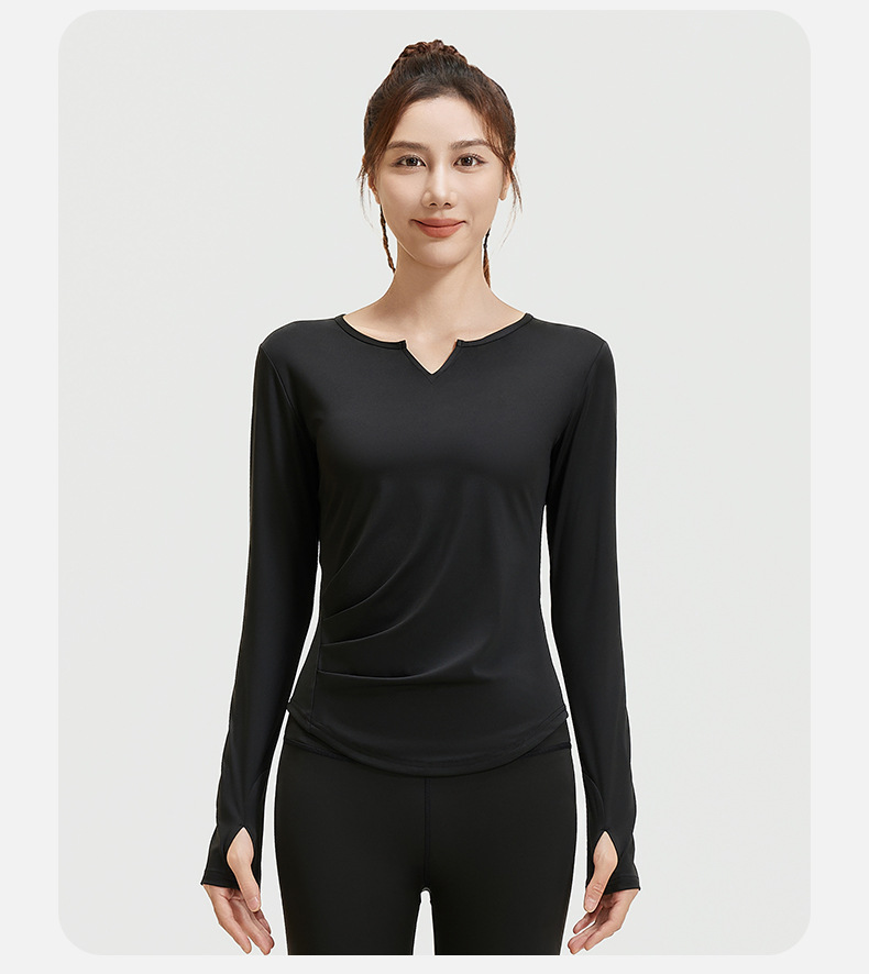 Slimming Sports Fitness Crop Workout for Adults V-Neck Pleated Waist Long-Sleeved Naked Seamless Yoga Top