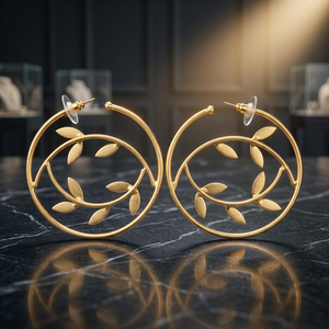 Boucles d'oreilles créoles tendance en laiton plaqué or faites à la main pour femme, motif végétal, idéales pour les soirées - Product Image 4