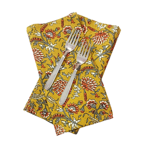 Elegantes Servilletas Cuadradas de Algodón con Estampado Floral Indio Amarillo, 20x20, Borde Festoneado, Personalizables, Hechas a Mano, Ecológicas y Duraderas - Product Image 1