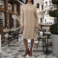 Robe pull décontractée en maille torsadée pour femme, manches longues, col roulé, longueur midi, taille empire, personnalisable, style ample automne, vente en gros