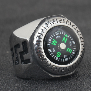 Bague boussole EDC ronde de 22 mm pour homme avec aiguille orientée vers le nord, en acier inoxydable plaqué, design géométrique, bijou pour usage extérieur - Product Image 4