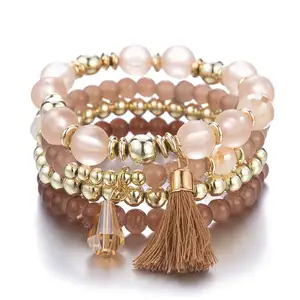 New Bohemian Matte Beads Armband Set 4 Stück als Set Kristall perlen Quaste Stretch Armreifen für Lady Girls