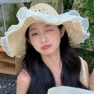 Lace <b>Straw</b> Sun <b>Hat</b> For Women Wide Brim Foldable Breathable Y2K Style Beach Summer Sun Protection Solid Color Pearl Lace - Product Image 4