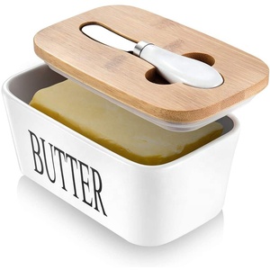 Hot Selling Eco Friendly Luxury Custom Ceramic Butter Dish with Wooden Lid and Butter Knife Butter Storage Box