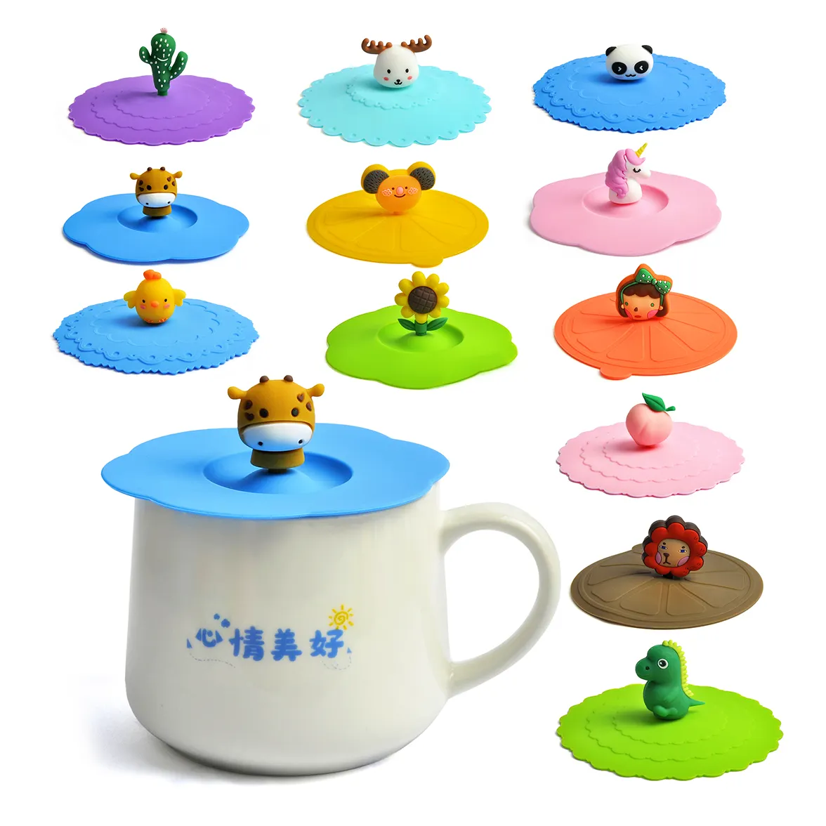 Cartoon Silicone Cup Lids Anti-dust Airtight Seal Mug Bowl Cover Glas Mit Deckel Silica Gel Fruit Drink Coffee Cap