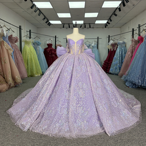 Vestido de Quinceañera/Aos para niñas de 15 años, elegante, con estampado de lavanda, escote corazón, cola capilla, largo hasta el suelo, con lazo, modelo 6962 - Product Image 1