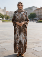 Abaya Bohème pour Femmes Musulmanes, Robe Longue Décontractée d'Été à Manches Longues, Motif Géométrique Ethnique, Style Dubaï, Modeste, en Polyester