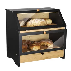 En moda çift katmanlar büyük çekmece ile ekmek kutusu bambu ekmek gıda saklama kutusu
